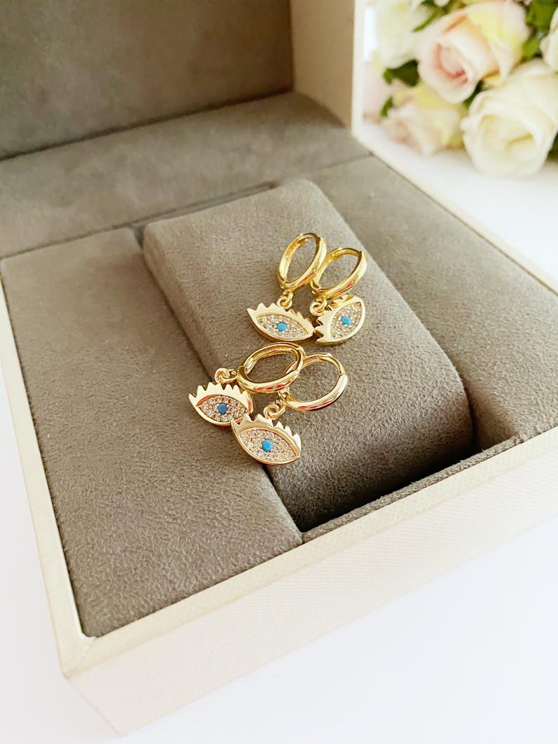 Minimalist Gold Evil Eye Dangle Earrings | Dainty Statement Jewelry