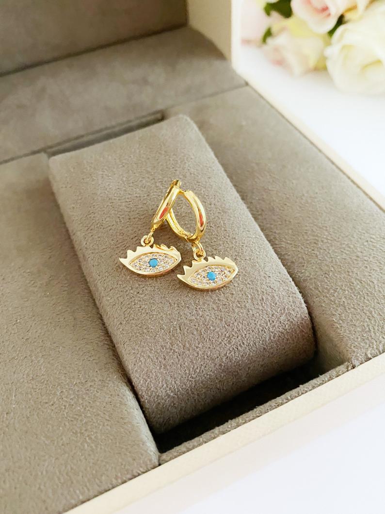 Minimalist Gold Evil Eye Dangle Earrings | Dainty Statement Jewelry